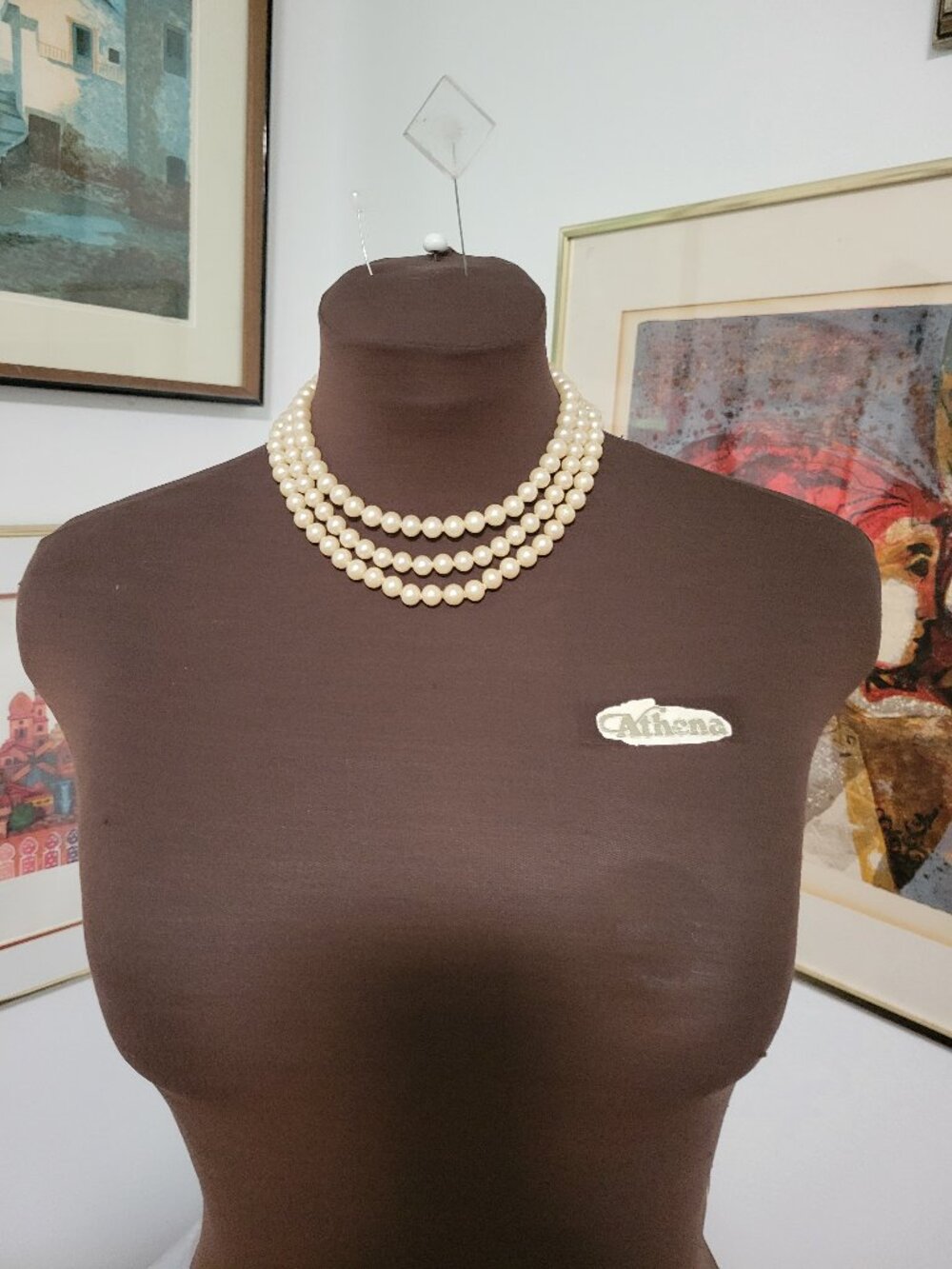 Vintage Three Strand Faux Pearl Choker Necklace